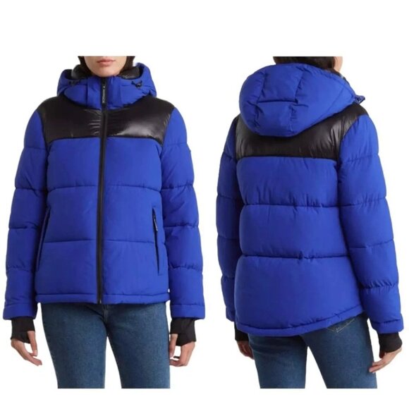 NEW Women's BCBG Generation Hooded Puffer Jacket Cobalt Blue, Black Size L NWT - Picture 1 of 13